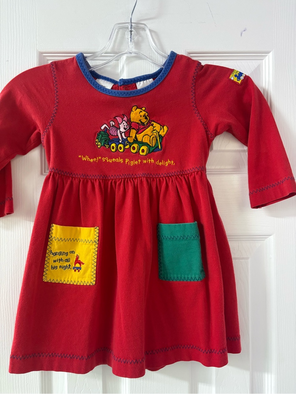 Vintage Embroidered Patchwork Red Winnie the Pooh & Piglet Toddler Girls Dress